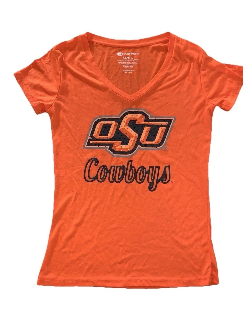 Oklahoma State Cowboys T-Shirt Womens L Babydoll Rhinestone Top Tee OSU Orange